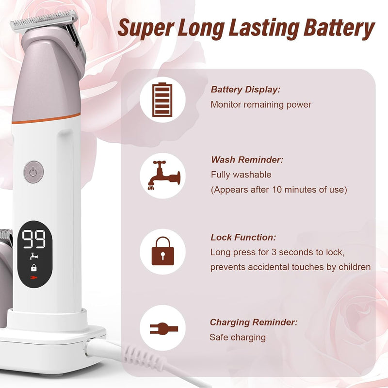 [Australia] - Bikini Trimmer for Women and Men,5-in-1 Wet/Dry Body Hair Trimmer,Gentle Hair Removal Shaver for Full Body Groomer,Electric Razor Shaver with USB Charge Dock-No Nick, No Cut, No Razor Burn,Pink Pink 