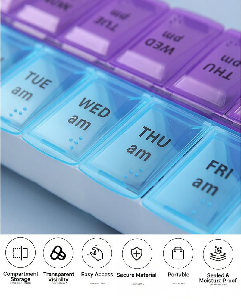 Pill Organizer,14 Compartment Weekly Portable Pill Dispenser Reminder,Travel Daily Pill Case Box Holder, Medication Planner for Vitamin,Medicine,Fish Oil,Supplements(Blue/Purple, Large) Blue/Purple