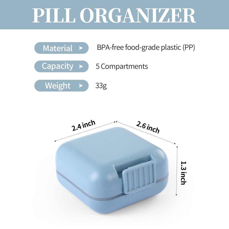 Daily Pill Organizer 5 Compartments Portable Moisture Proof Small Pill Case for Pocket Purse Travel Pill Box Portable Medicine Vitamin Fish Oil Holder Container (Blue) Blue