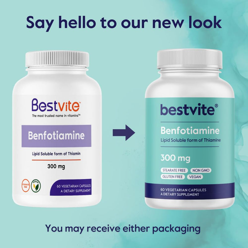 BESTVITE Benfotiamine 300mg (180 Veg Caps) (60x3) - No Stearates - Vegan | No Silicon Dioxide - Non GMO - Gluten Free - Fat Soluble Vitamin B1 - Vitamin B1 Thiamine Supplement 60 Count (Pack of 3)