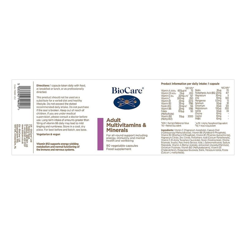 BioCare Adult Multivitamins & Minerals - One-A-Day Comprehensive Vegan Formula - for Energy, Immunity, Nervous System & Bone Support - 90 Capsules 90 count (Pack of 1)