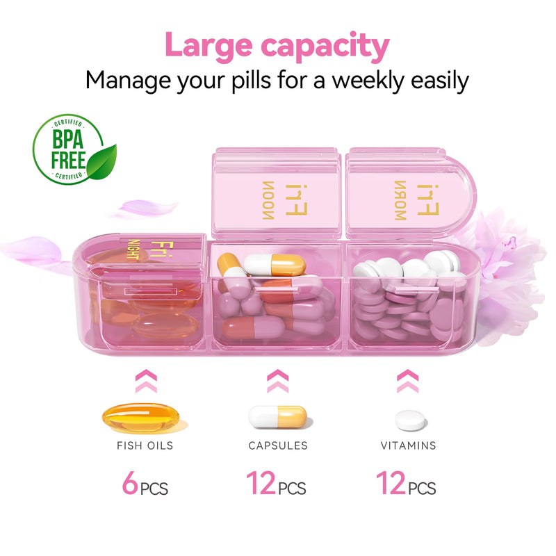 Zoksi Pill Organizer 3 Times a Day, 7 Day Weekly Pill Box | Removable Daily Cases, Large Capacity, Easy Open, Clear Labels, Travel-Friendly,Pill Holder for Vitamins & Supplements Pink Purple