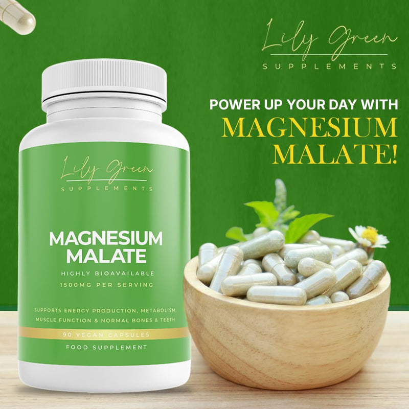 Lily Green Magnesium Malate Capsules | 1500mg per Serving for Energy, Muscle & Nerve Support | 90 Vegan Capsules | Made in UK