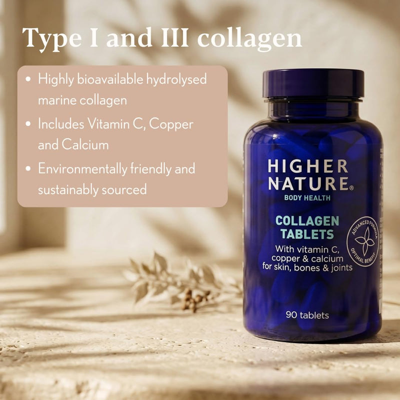 Higher Nature - Collagen Tablets - Hydrolysed Marine Collagen - Vitamin C - Calcium for Bone Support - Responsibly Sourced - 90 Tablets 90 count (Pack of 1)