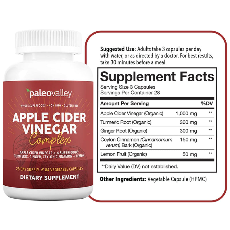 [Australia] - Paleovalley Apple Cider Vinegar Complex with Superfoods - Turmeric, Ginger, Ceylon Cinnamon and Lemon - 84 Vegetable Capsules 84 Count (Pack of 1) 