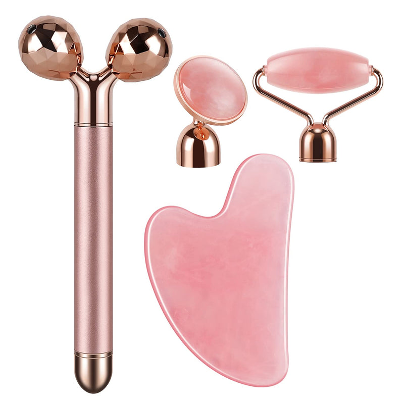 [Australia] - 4-in-1 Face Massager and Gua Sha Set for Women, Rose Quartz Face Roller Skin Care Tools Electric Eye Massager Tool for Face Skin Roller 