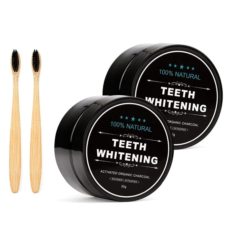 [Australia] - 2-Pack Activated Charcoal Teeth Whitening Powder Natural Coconut Teeth Whitener with Bamboo Brush 