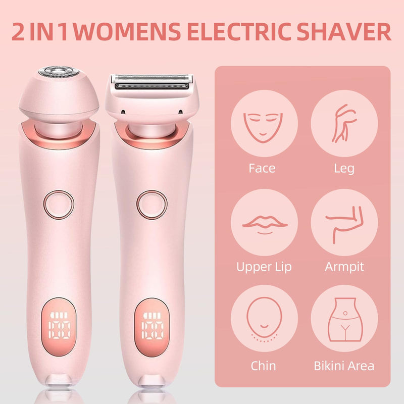 Womens Electric Shaver, 2 in 1 Razor for Women, Wet & Dry Electric Waterproof Razor with LED Display, Cordless Bikini Trimmer for Sensitive Skin, Painless Hair Removal