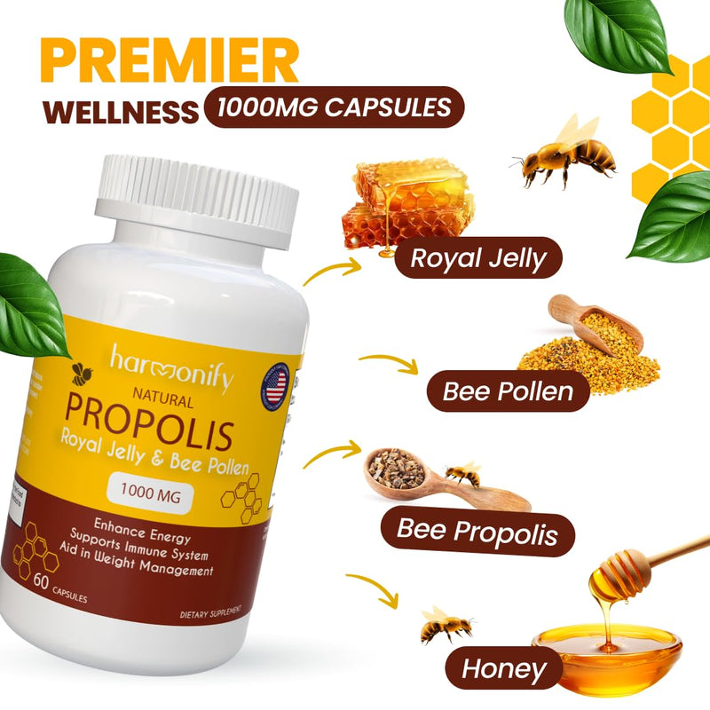 Bee Pollen Propolis Royal Jelly Extract with Carob, Pure Immune Support Supplement, Gluten-Free, Vegetarian Capsules, 1000 mg