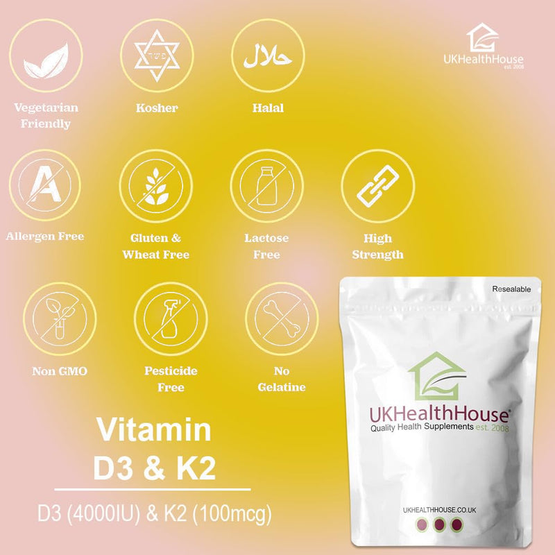 UKHealthHouse Vitamin D3 4000iu & K2 100ug (MK7) Vitamin D3 K2 Tablets Supports Normal Bones Muscles Teeth Immune System Cholecalciferol Menaquinone-7 (240 tabs) 240 count (Pack of 1)