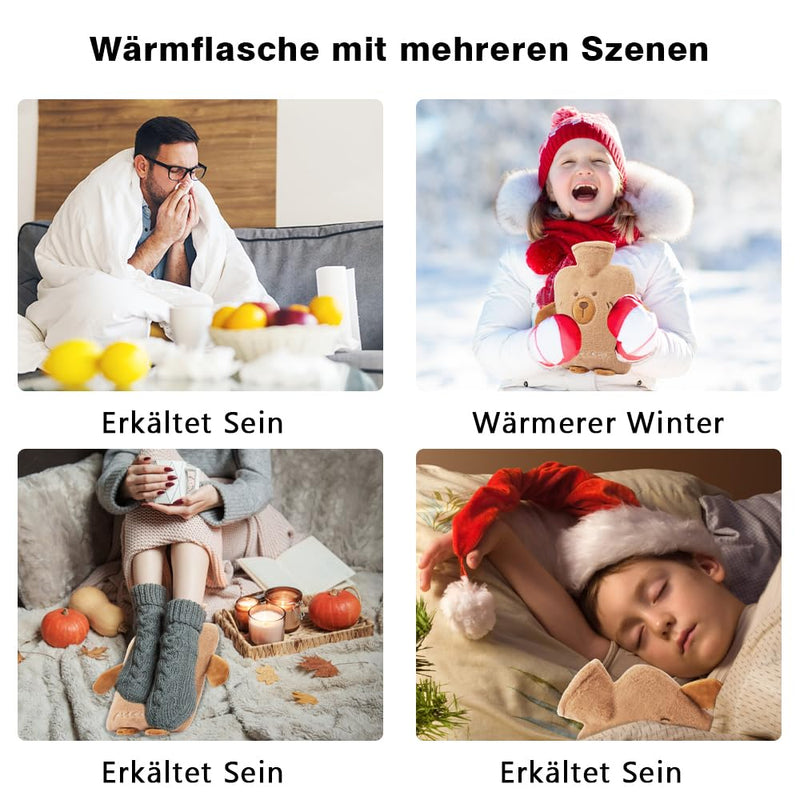 [Australia] - FIVAVA hot water bottle with cover 2L, children's hot water bottle large with cuddly soft cover, hot water bottle animal, hot water bottle gifts for family and friends brown 