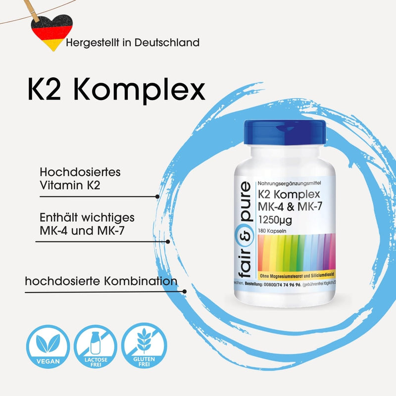 [Australia] - Fair & Pure® - K2 complex 1250mcg MK-4 & MK-7-180 capsules - vegan - high-dose vitamin K2 - MK7 - without magnesium stearate - menaquinone MK-4 and menaquinone MK-7 