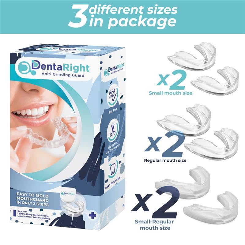 Custom-Fit Moldable Mouth Guard for Teeth Grinding and Clenching, Trimmable and Comfortable Fit - Pack of 6 in 3 Sizes for Kids, Teens, and Adults