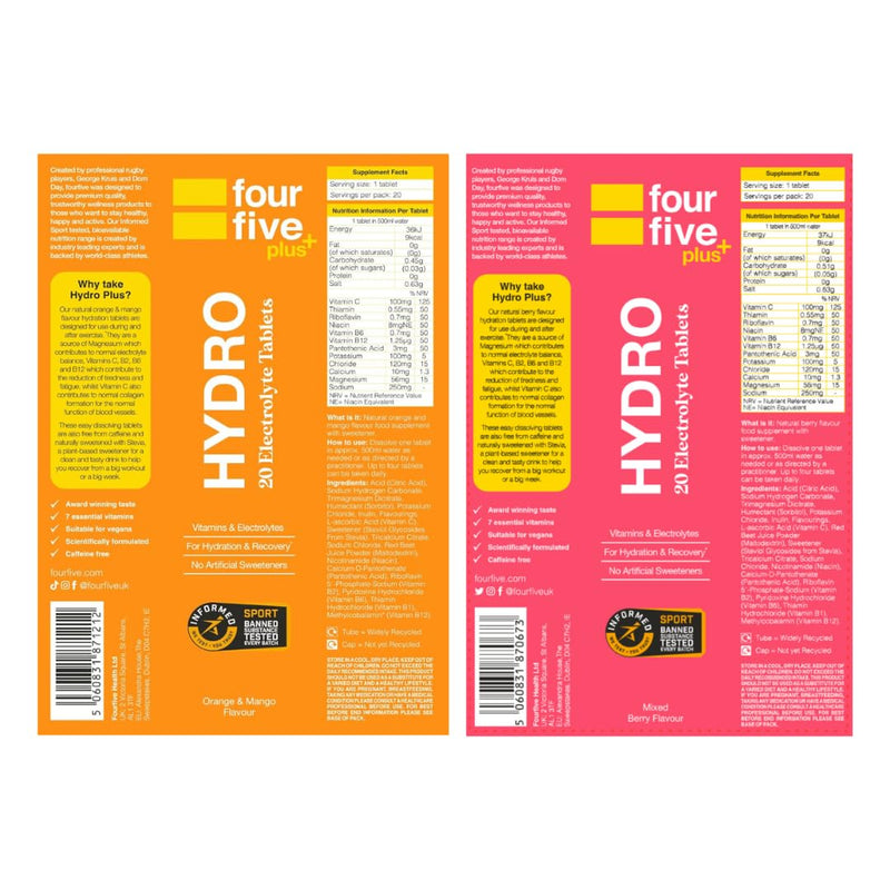 fourfive Hydration Tablets (Discovery Pack) Low Calorie Vitamin Electrolytes, Vegan, Magnesium & Calcium, Sports Hydration - 4x20 Effervescent Tablets