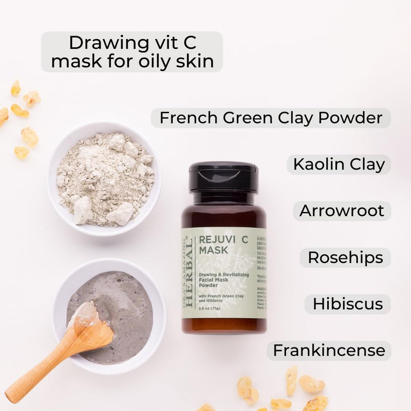 Ora's Amazing Herbal Rejuvi C Mask, Powder Mask, Detoxifying Face Powder, French Green Clay, Exfoliating Rosehip Seed Hibiscus with Vitamin C and Frankincense for Acne, Maskne Rejuvi C Mask 2.5 oz