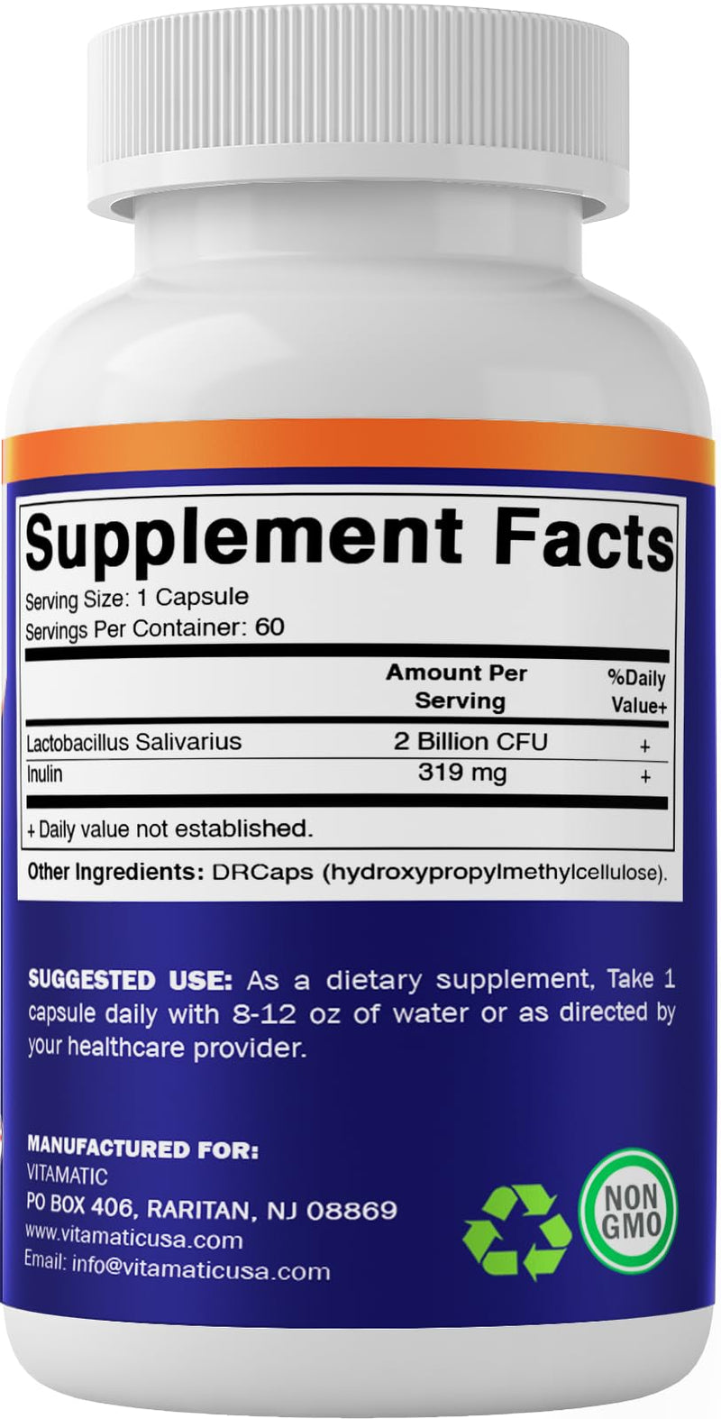 [Australia] - Vitamatic Lactobacillus Salivarius 2 Billion per DR Capsule - 60 Count - Digestive Support - Made with Prebiotic Inulin Fiber (1 Bottle) 1 Bottle 