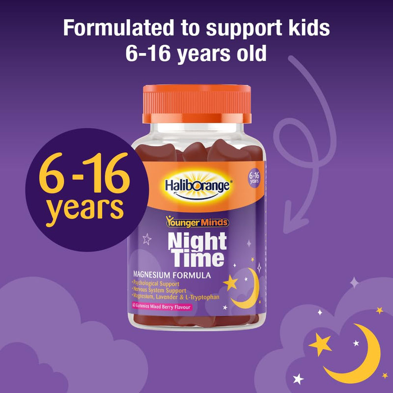 Haliborange YoungerMinds Night-time Gummies for Kids 6–16 | Sugar-Free Sleep Support with Magnesium, L-Tryptophan, B6 & Lavender | Promotes Relaxation & Bedtime Routine – 60 Gummies 60 count (Pack of 1)