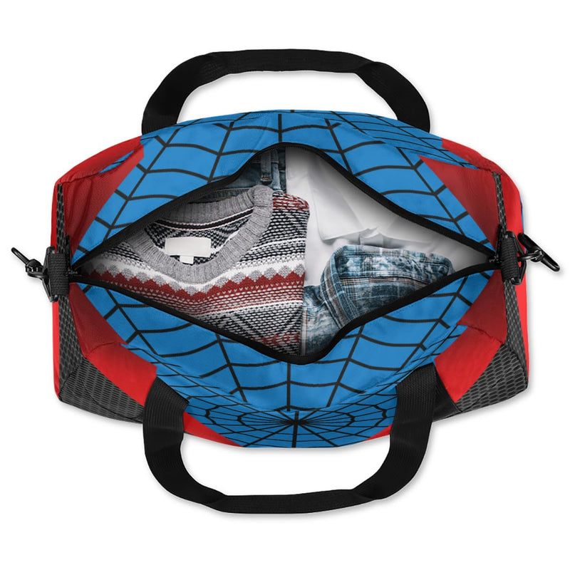Gym Travel Duffle Bag for Boys - Blue Red Spider Web Kids Overnighter Weekend Bag with Front Zipper Pocket for School Practice, Teens Carry-On Size Sleepover Bags Blue-Red Spider Web