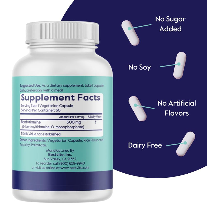 BESTVITE Ultra Benfotiamine 600mg per Capsule (60 Veg Caps) - No Stearates | Vegan - Non GMO - Gluten Free - Fat Soluble Vitamin B1 - Vitamin B1 Thiamine Supplement - Maximum Strength Benfotiamine 60 Count (Pack of 1)