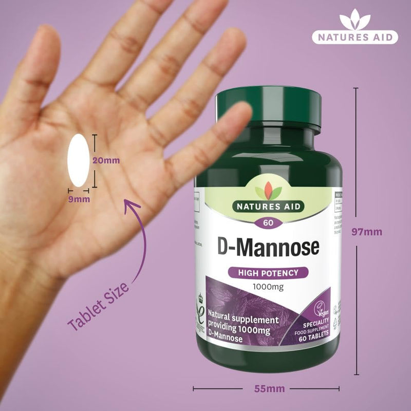 Natures Aid D-Mannose 1000mg - High Strength - Supports Urinary Tract Health - Vegan - Non-GMO - Gluten Free - Antioxidant Support - Food Supplement for Women & Men - 60 Tablets