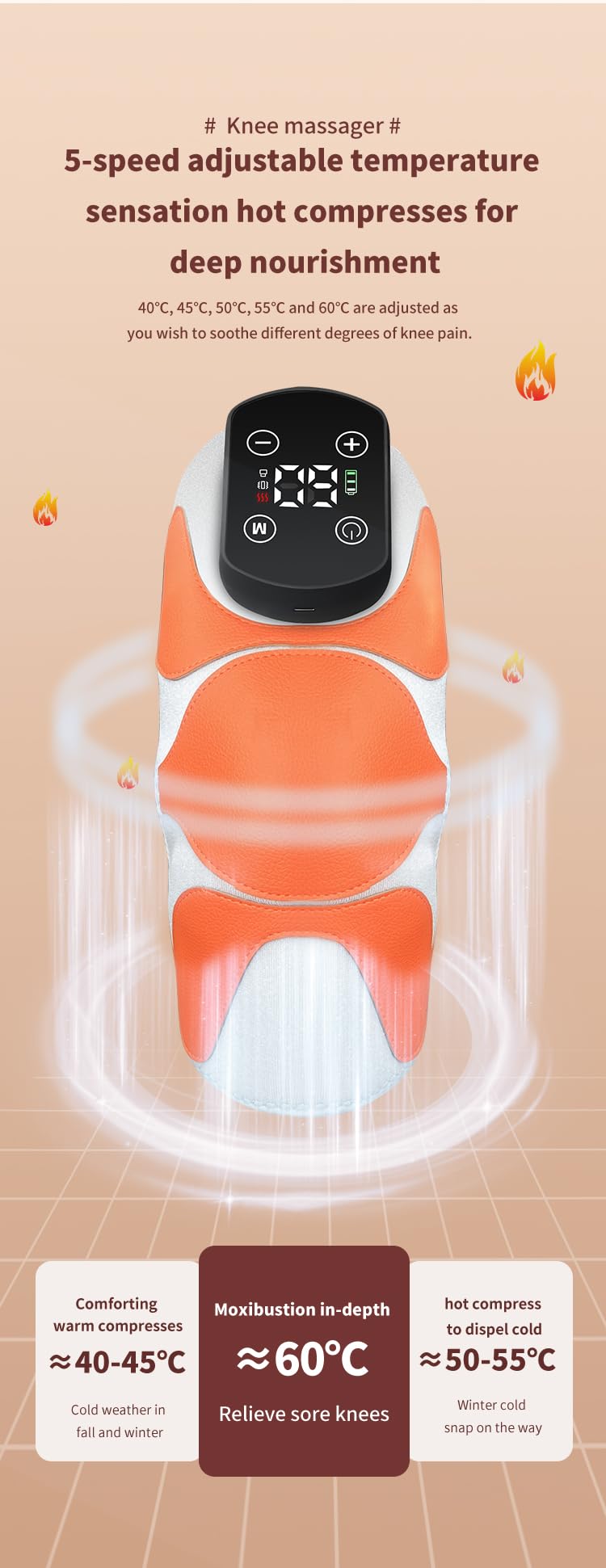 Electric Heating KneePad with Massage function, Heat and Vibration Therapy, Joint Protection, Relieve Knee Soreness, Knee Brace Wrap, Orange and Blue color, easy to use.