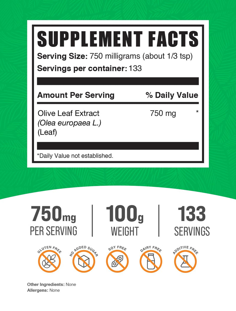 BulkSupplements.com Olive Leaf Extract Powder - Herbal Supplement, Antioxidant Source, Olive Leaf Powder - Gluten Free, 750mg per Serving, 100g (3.5 oz) (Pack of 1) 3.5 Ounce (Pack of 1)