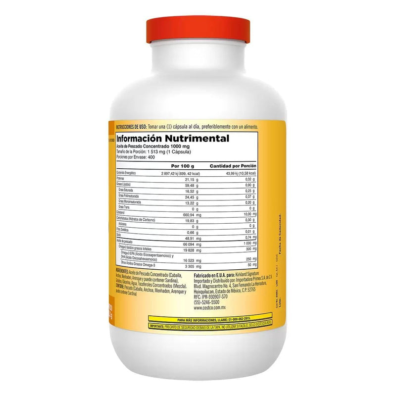 Kirkland Signature Fish Oil Concentrate with Omega-3 Fatty Acids, 400 Softgels, 1000mg Unflavored 400 Count (Pack of 1)