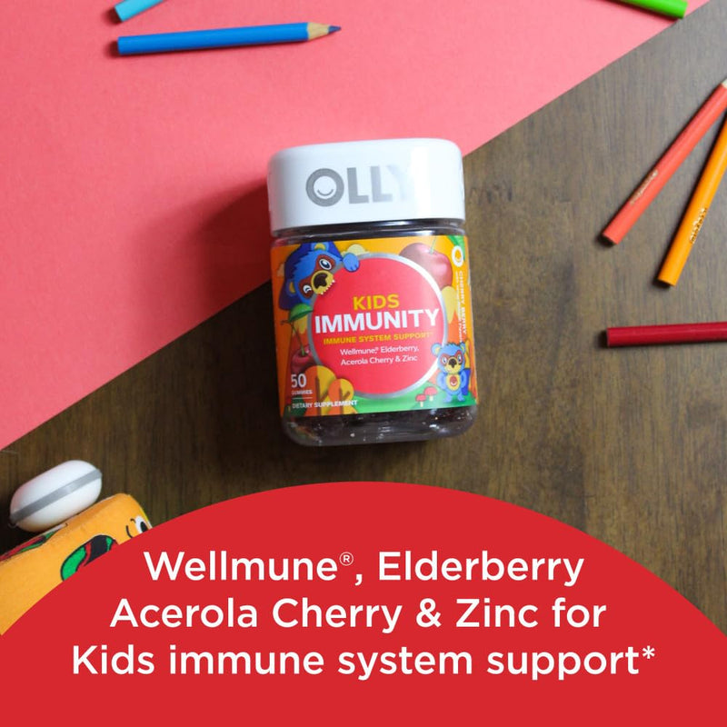 OLLY Kids Immunity Gummy, Immune Support, Wellmune, Elderberry, Vitamin C, Zinc & Probiotic + Prebiotic Gummy, Digestive Support and Gut Health, 500 Million CFUs, Fiber