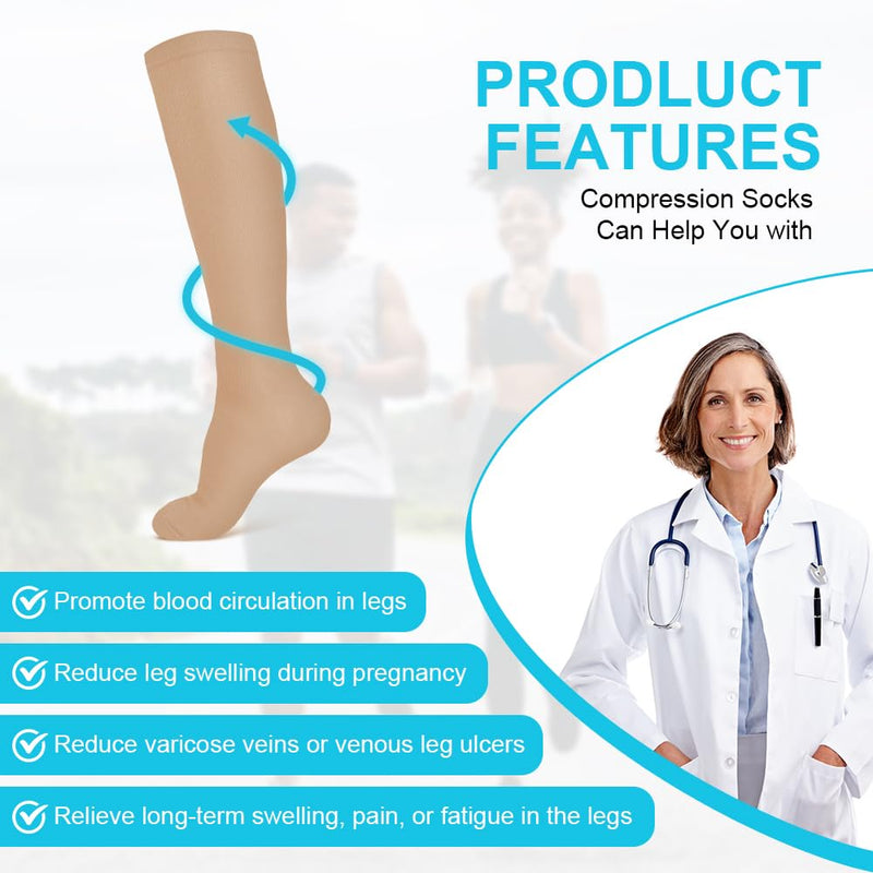 [Australia] - ACWOO compression stockings for women and men, 2 pairs of compression socks, medical compression stockings, knee socks for women, thrombosis stockings compression socks (L/XL, black + beige) L-XL black + beige - 2 pairs 