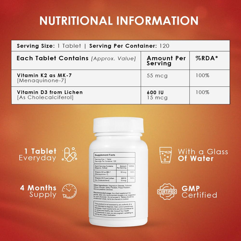 Ambrosial Vitamin D3 K2 Forte | Vitamin D3 (600 IU) with MK-7 Vitamin K2 | High Absorption Daily Supplement | Plant-Based Formula | 120 Tablets