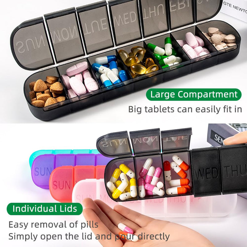 2 PCS Weekly Pill Organiser 1 Times a Day, Arthritis Friendly Travel Pill Case, BPA-Free Pill Box 7 Day, Large Compartments to Hold Vitamins Supplements Medicine (Black) Black