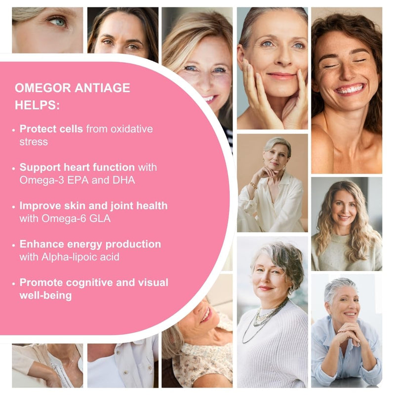 OMEGOR Antiage Skin Supplement with Omega 3 EPA/DHA and Omega 6 GLA, Resveratrol, Turmeric, Alpha Lipoic Acid, Coenzyme Q10, Tocotrienols, 60 Capsules
