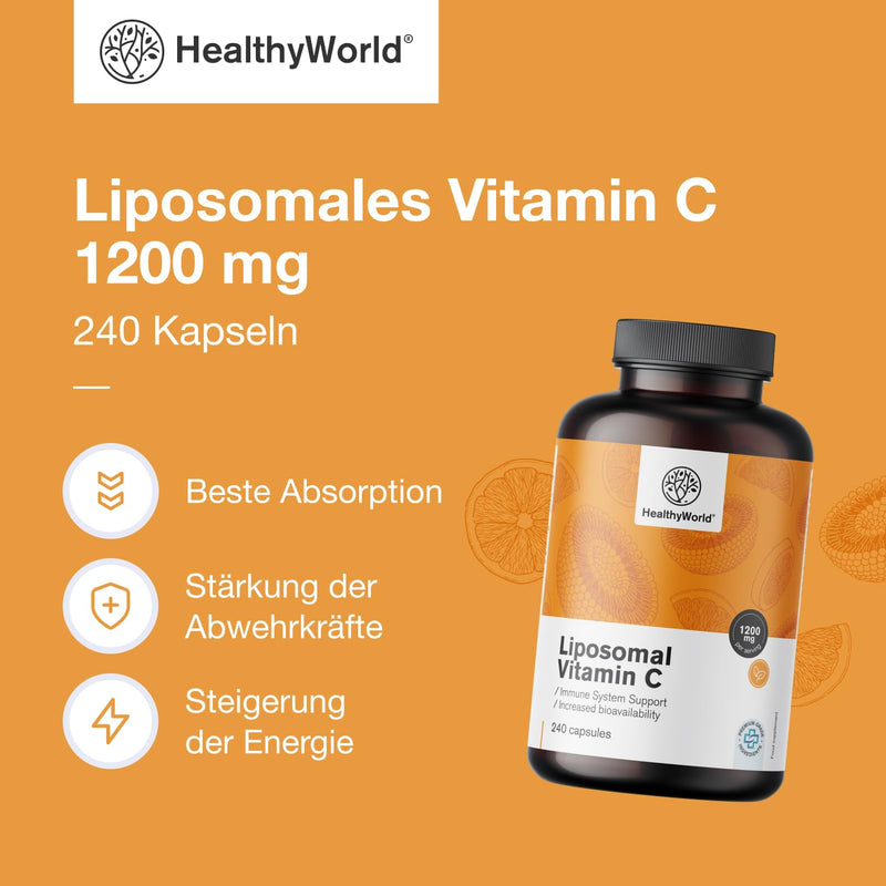 [Australia] - HealthyWorld Liposomal Vitamin C - 240 plant capsules - 1200 mg vitamin C per day - with rose hips and sunflowers - phospholipid complex - 4 month supply - high bioavailability 