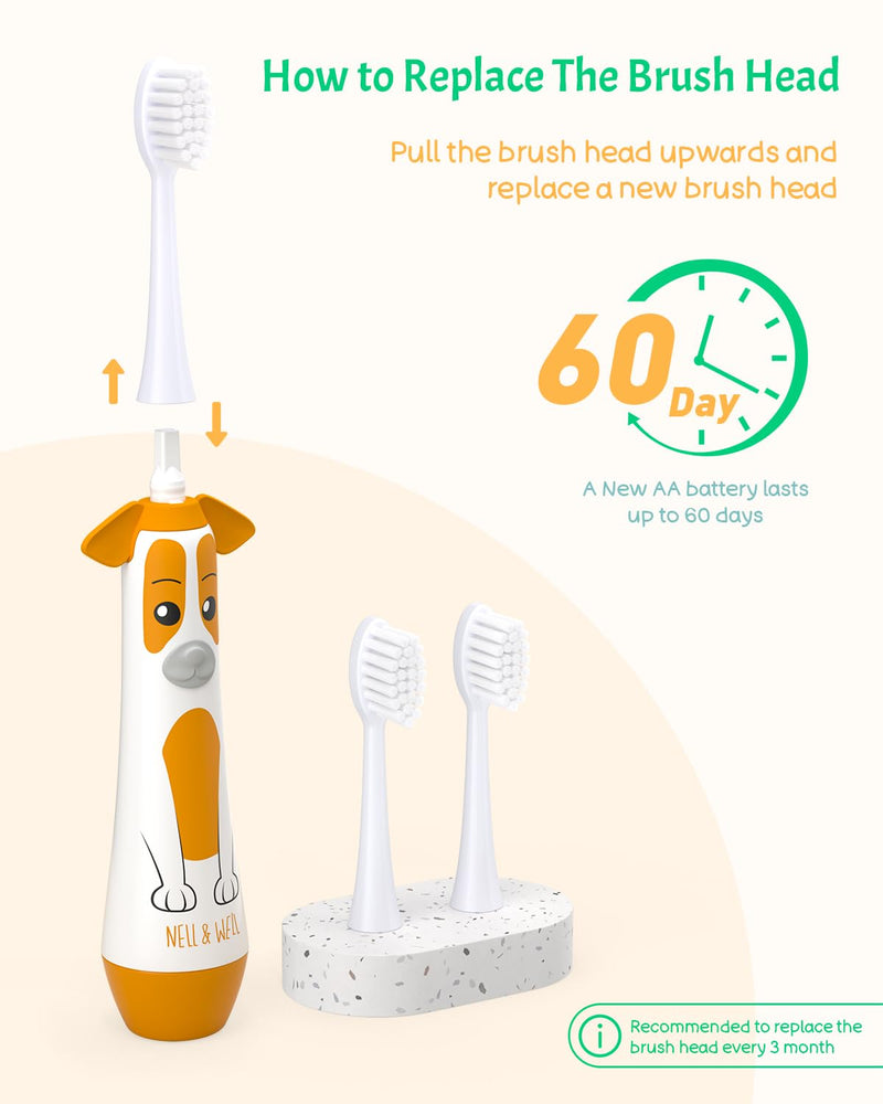 [Australia] - NELL&WELL [UPGRADE] Kids Electric Toothbrush with 2mins Brushing Timer, Battery Powered Toothbrushes with 3 Soft Bristles Heads for Children Boys and Girls Ages 3+, IPX7 Waterproof, BPA Free (Yellow) Yellow Dog 
