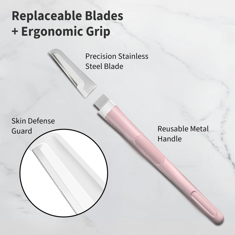 Dermaplane Razor for Women Face, Precision Face Razors for Women, Dermaplaning Tool, Gentle Exfoliation, Perfectly Shape Brows, Reusable Metal Handle with 8 Microblades, Pink Pink with 8 Refills