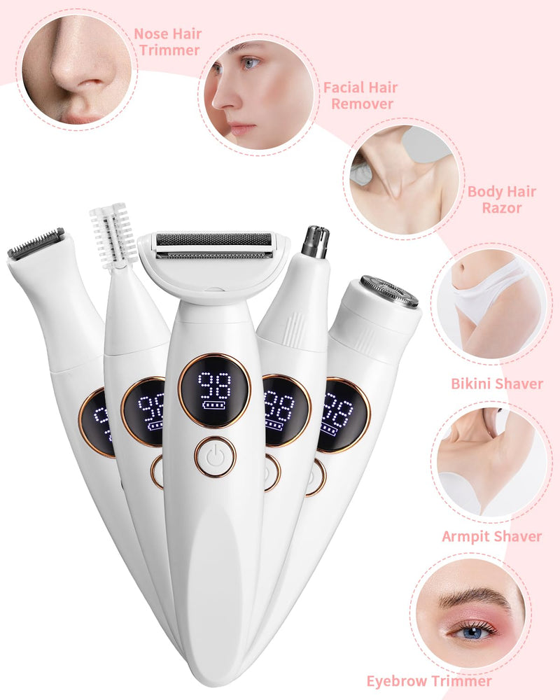 [Australia] - Women's razor, 5-in-1 intimate razor for women, women's electric razor, with USB charging station, women's electric razor, for body, armpits, bikini, eyebrows and nose, USB charging white 