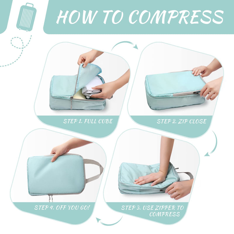 WOOMADA Compression Packing Cubes for Suitcases Travel Essentials 4 Set Expandable Travel Bags Organizer for Luggage(turquoise) A-turquoise
