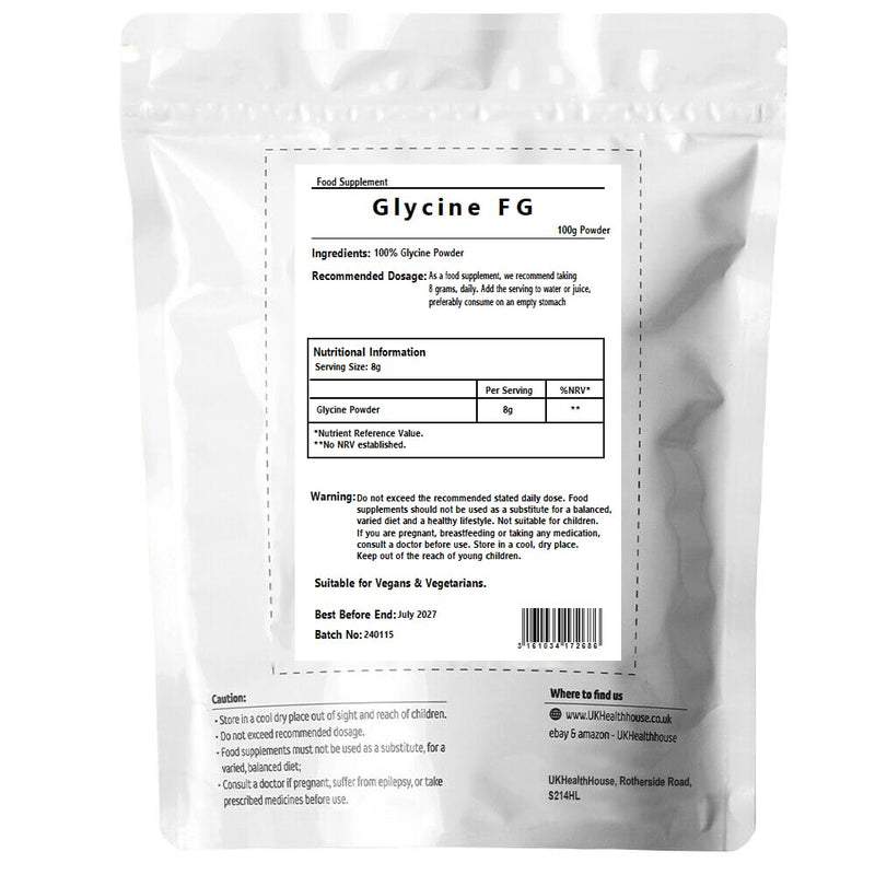 UKHealthHouse Glycine Powder - Anti Inflammatory, Sleep Aid - Recovery, GH Release 100% Pure Glycine, Vegan Friendly, Boosts Protein Synthesis, White (100g) 100g