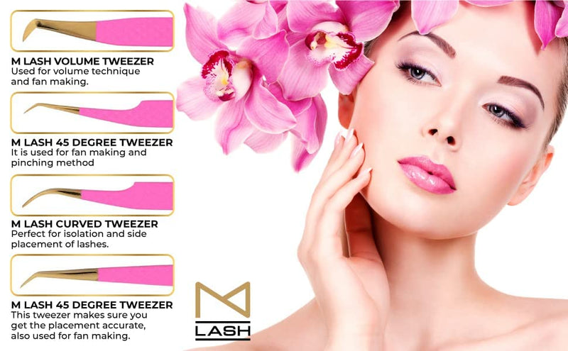 M LASH Tweezers for Eyelash Extensions (Set of 4) - Professional Lash Extension Tweezers - Fiber Tip, Japanese Steel, Diamond Grip Eyelash Extension Tweezer (Gold) Gold