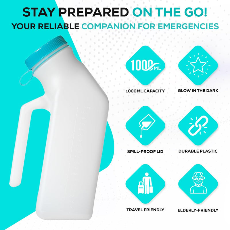 [Australia] - MedVance- Urinals for Men 1000ml with Glow in The Dark Spill Proof Pop Cap Lid, Plastic Pee Bottles for Men, Male Urinals, Pee Container Men, Portable Urinal for Car, Elderly & Incontinence (1 Pack) 