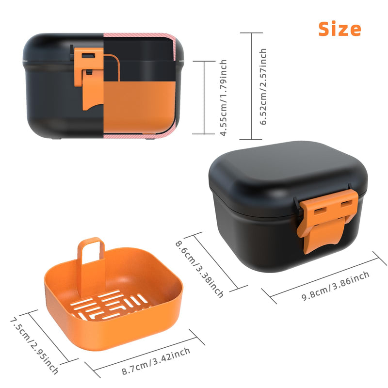 ARGOMAX Leak Proof Denture Bath Cup, Portable Soaking Denture Box, Denture Bath Case with Strainer, for Dentures and Braces (Black + Orange). Black Shell + Orange