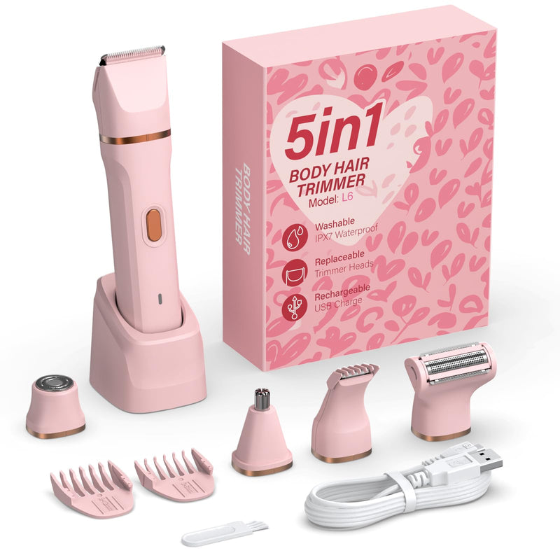 5-in-1 Bikini Trimmer for Women, IPX7 Waterproof Electric Razors Shaver, Cordless Body Hair Trimmer, Facial & Pubic Hair Removal, Ceramic Blade (Blush) A-pink