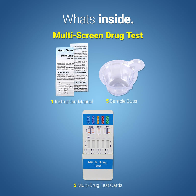5-Pack Multi-Panel Drug Screening Urine Analysis Cards with Sample Collection Cups – 5 Parameter Panel (AMP, MET, MOP, COC, THC)