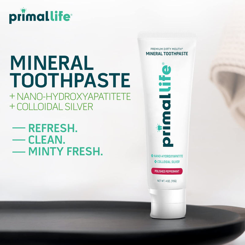 [Australia] - Primal Life Organics Premium Dirty Mouth Mineral Toothpaste - Nano-Hydroxyapatite, Colloidal Silver, Charcoal - Organic, All Natural Whitening Formula (Peppermint Flavor, 4 Oz) Peppermint 