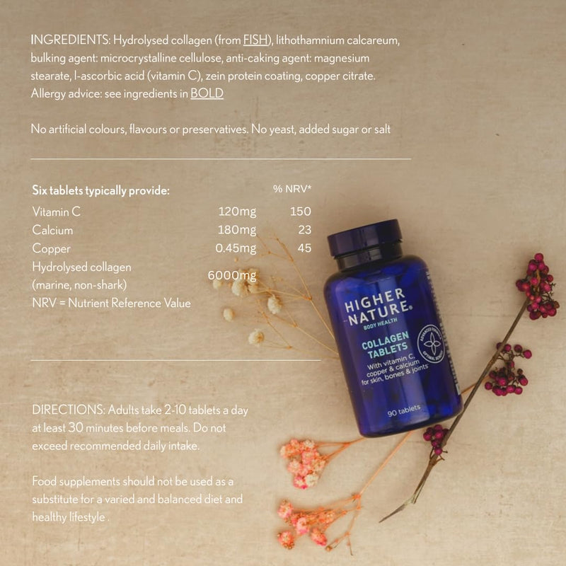 Higher Nature - Collagen Tablets - Hydrolysed Marine Collagen - Vitamin C - Calcium for Bone Support - Responsibly Sourced - 90 Tablets 90 count (Pack of 1)