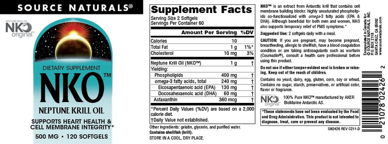 [Australia] - Source Naturals NKO Neptune Krill Oi, Supports Heart Health and Cell Membrane Integrity*, 500mg - 120 Softgels 120 Count (Pack of 1) 