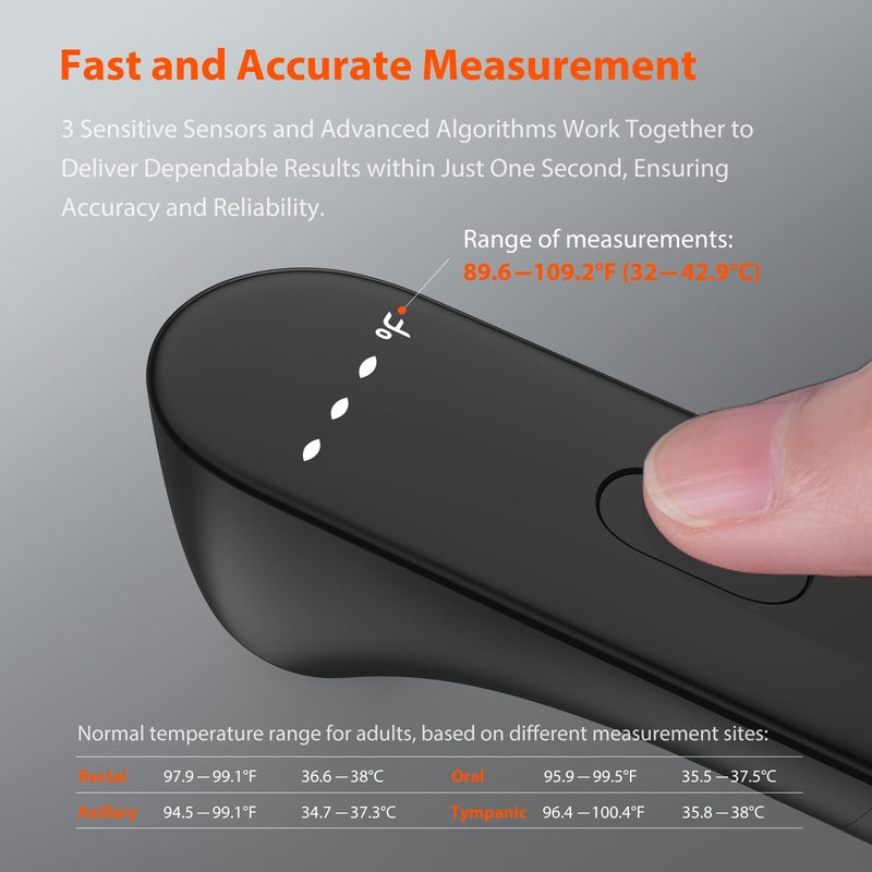 [Australia] - iHealth No-Touch Digital Forehead Thermometer for Adults, Babies, Kids, 3 Ultra-Sensitive Sensors, Quiet Vibration Feedback, Large LED Digits, Easy to Use for Home, PT3 Black 