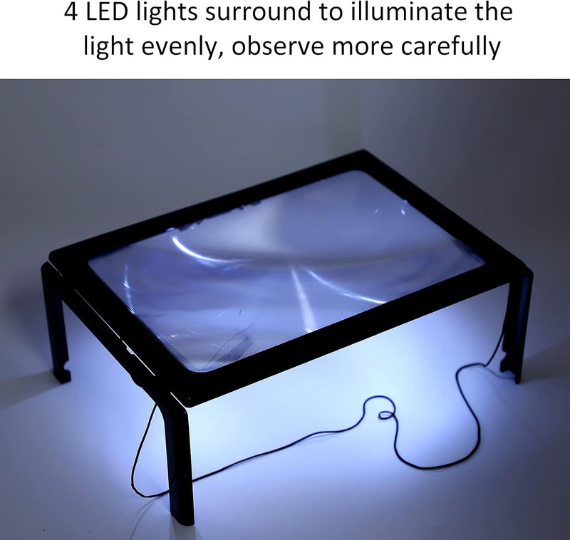 3X Large Full Page Magnifier with 12 LED Lights[Provide Evenly Lit Viewing Area], Foldable Flip-Out Legs, Dual Power Supply Modes- Ideal for Hands Free Reading, Low Vision, Seniors with Aging Eyes