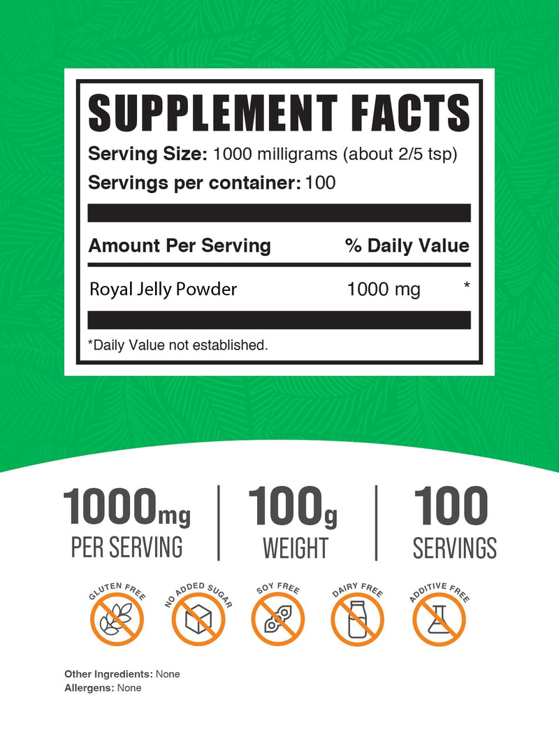 BulkSupplements.com Royal Jelly Powder - Royal Jelly Supplement, Royal Jelly 1000mg - for Immune Support, Gluten Free, 1000mg per Serving, 100g (3.5 oz) (Pack of 1) 100 Servings (Pack of 1)