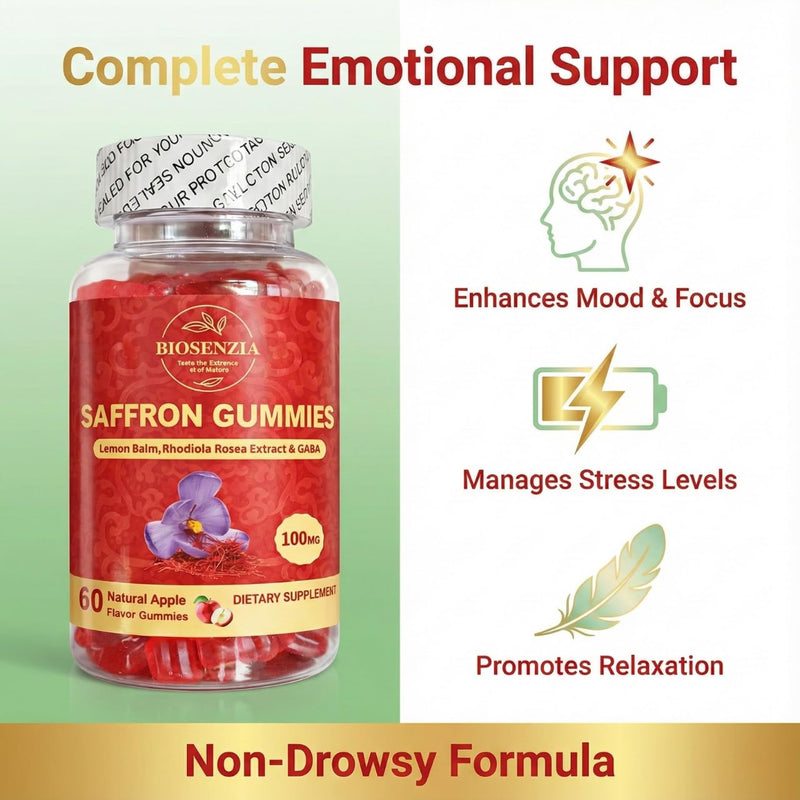 Saffron Flavoured Gummies with Lemon Balm & Rhodiola – Soft Supplement Fruit Gummies – Apple Flavour – Vegetarian – 60 Gummies